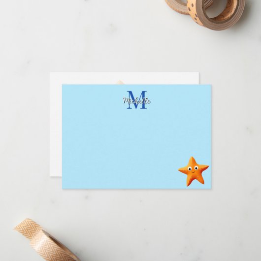 Cute Cartoon Starfish Blue Ocean Custom Monogram Notitiekaartje (Voorkant / Achterkant in situ)