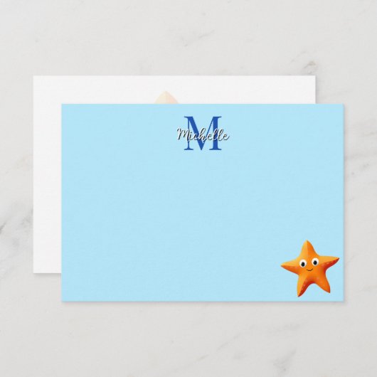 Cute Cartoon Starfish Blue Ocean Custom Monogram Notitiekaartje (Voorkant / Achterkant)
