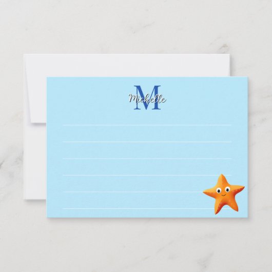 Cute Cartoon Starfish Blue Ocean Lined Monogram Notitiekaartje (Voorkant)