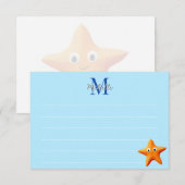 Cute Cartoon Starfish Blue Ocean Lined Monogram Notitiekaartje (Voorkant / Achterkant)