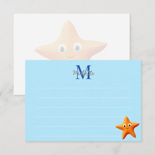 Cute Cartoon Starfish Blue Ocean Lined Monogram Notitiekaartje (Voorkant / Achterkant)