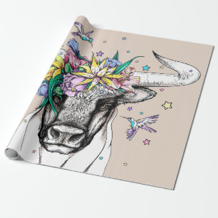 Cute cartoon stier in een florale mond. Helderpoor Cadeaupapier