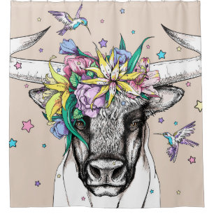 Cute cartoon stier in een florale mond. Helderpoor Douchegordijn