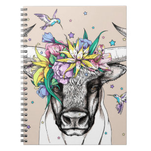 Cute cartoon stier in een florale mond. Helderpoor Notitieboek