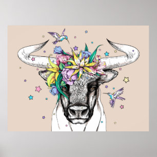 Cute cartoon stier in een florale mond. Helderpoor Poster