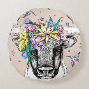 Cute cartoon stier in een florale mond. Helderpoor Rond Kussen