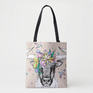 Cute cartoon stier in een florale mond. Helderpoor Tote Bag