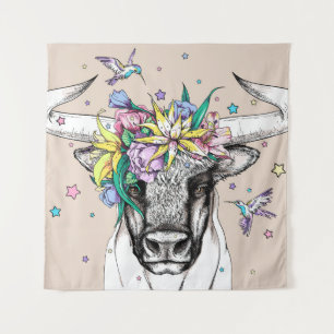 Cute cartoon stier in een florale mond. Helderpoor Wandkleed