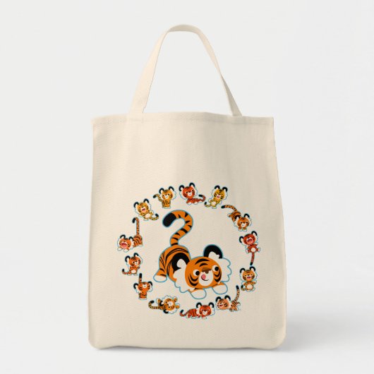 Cute Cartoon Tigers Mandala (blauw) Grocery Bag Tote Bag (Voorkant)