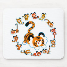 Cute Cartoon Tigers Mandala (blauw) Mousepad