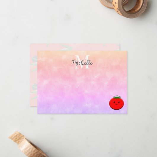 Cute Cartoon Tomato Watercolor Custom Monogram Notitiekaartje (Voorkant / Achterkant in situ)