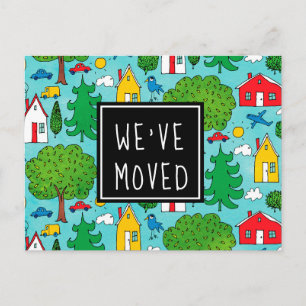 Cute Cartoon Town We hebben New Address Moving Aankondigingskaart