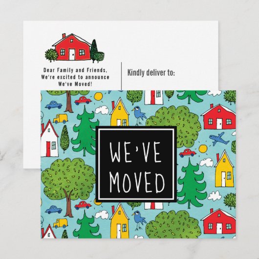 Cute Cartoon Town We hebben New Address Moving Aankondigingskaart (Voorkant / Achterkant)
