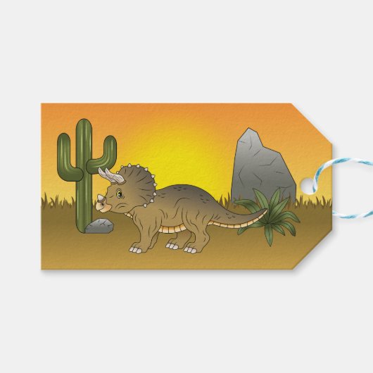 Cute Cartoon Triceratops dinosaur in Sunset Desert Cadeaulabel (Voorkant (Horizontaal))