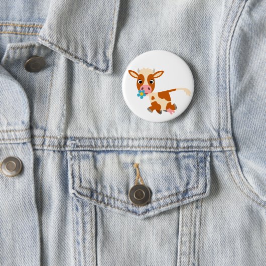 Cute Cartoon Trotting Cow Button Badge (In situ)