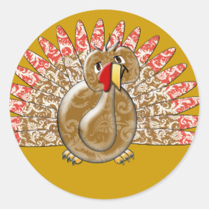 Cute Cartoon Turkey Damask Pattern Ronde Sticker