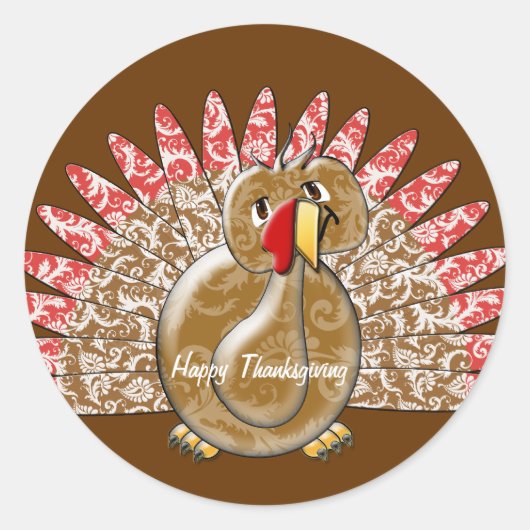 Cute Cartoon Turkey Damask Pattern Ronde Sticker (Voorkant)