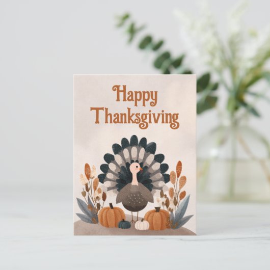 Cute Cartoon Turkey Fall Foliage Thanksgiving Briefkaart (Staand voorkant)