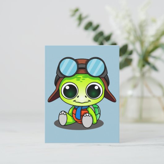Cute Cartoon Turtle in Aviator Pet Briefkaart (Staand voorkant)
