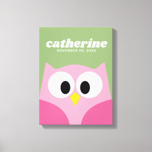 Cute Cartoon Uil voor Babykamer - Tinten van Roze Canvas Afdruk