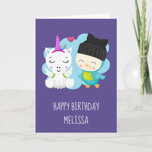 Cute Cartoon Unicorn & Bird Birthday Kaart (Voorkant)