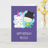 Cute Cartoon Unicorn & Bird Birthday Kaart (Gele Bloem)