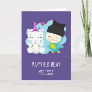 Cute Cartoon Unicorn & Bird Birthday Kaart
