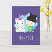 Cute Cartoon Unicorn & Bird Pals Bedankt Kaart (Gele Bloem)