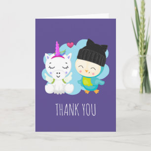 Cute Cartoon Unicorn & Bird Pals Bedankt Kaart