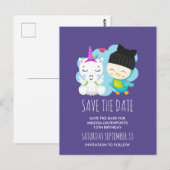 Cute Cartoon Unicorn & Bird Save the Date Briefkaart (Voorkant / Achterkant)