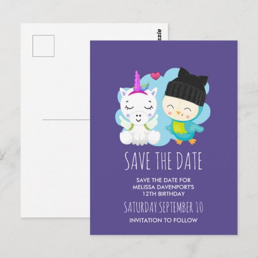 Cute Cartoon Unicorn & Bird Save the Date Briefkaart (Voorkant / Achterkant)