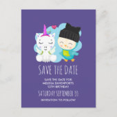 Cute Cartoon Unicorn & Bird Save the Date Briefkaart (Voorkant)