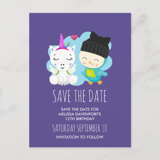Cute Cartoon Unicorn & Bird Save the Date Briefkaart (Voorkant)