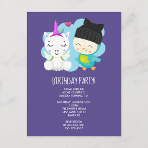 Cute Cartoon Unicorn & Birdie Birthday Briefkaart