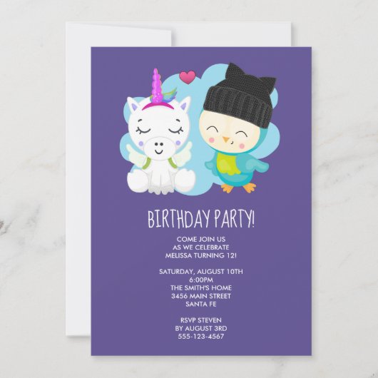 Cute Cartoon Unicorn & Birdie Birthday Kaart (Voorkant)
