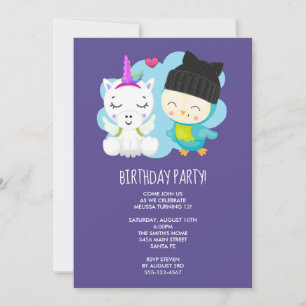 Cute Cartoon Unicorn & Birdie Birthday Kaart