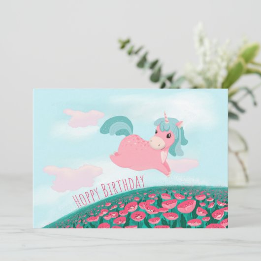 Cute Cartoon Unicorn Pink en Mint Kaart (Staand voorkant)