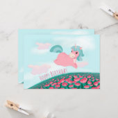 Cute Cartoon Unicorn Pink en Mint Kaart (Voorkant / Achterkant in situ)