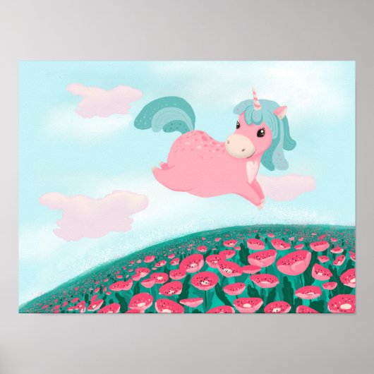 Cute Cartoon Unicorn Roze en Mint Poster (Voorkant)