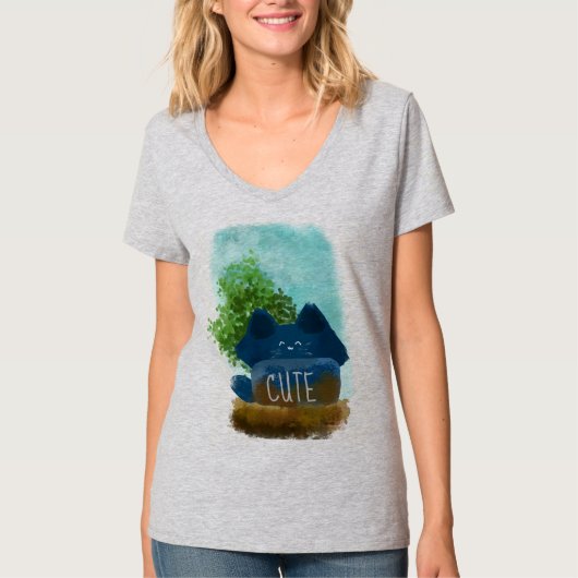 Cute Cartoon Verborgen blauw katje T-shirt (Voorkant)