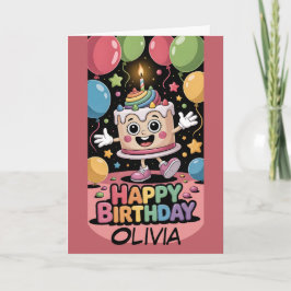 Cute Cartoon Verjaardagstaart met Regenboog Ballon Kaart