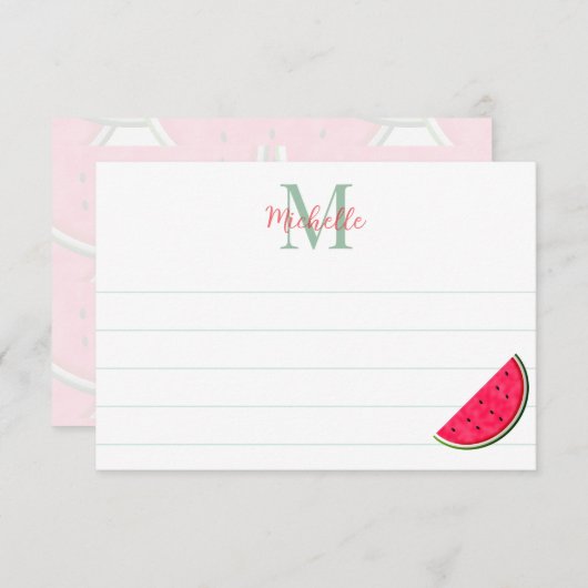 Cute Cartoon Watermelon Custom Monogram Lined Notitiekaartje (Voorkant / Achterkant)