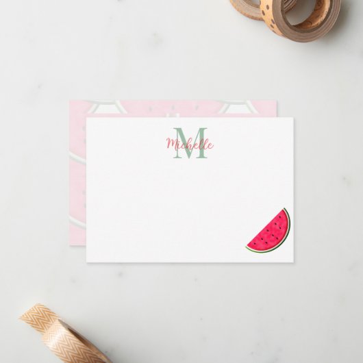 Cute Cartoon Watermelon Personalized Monogram Notitiekaartje (Voorkant / Achterkant in situ)