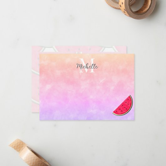 Cute Cartoon Watermelon Watercolor Personalized Notitiekaartje (Voorkant / Achterkant in situ)