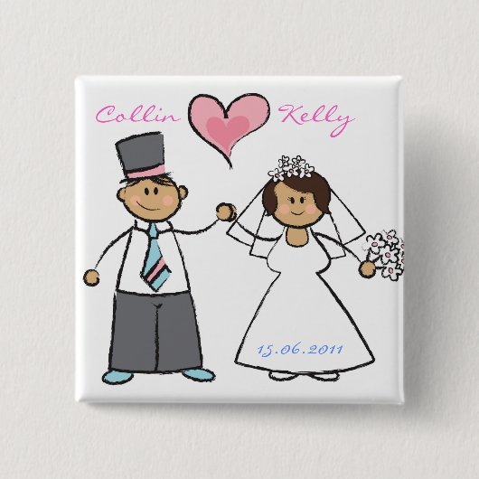 Cute Cartoon Wedding Couple Bride & Groom Button (Voorkant)