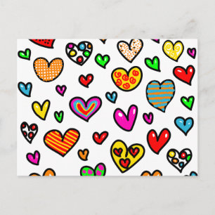 Cute Cartoon Whimsical Multi Love Heart Pattern Briefkaart