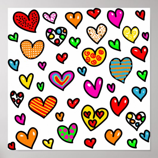 Cute Cartoon Whimsical Multi Love Heart Pattern Poster (Voorkant)