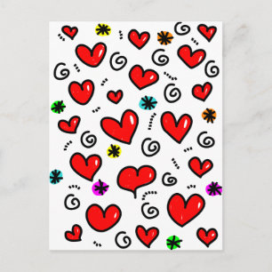 Cute Cartoon Whimsical Red Love Heart Pattern Briefkaart