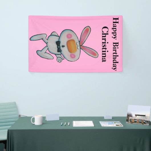 Cute Cartoon White Bunny duikt Roze op Spandoek (Beurs)