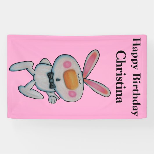 Cute Cartoon White Bunny duikt  Roze op Spandoek (Horizontaal)